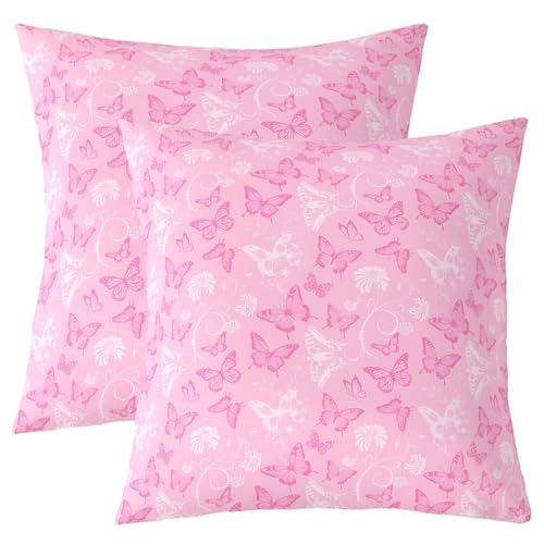 Schmetterling Kinder werfen Kissen Abdeckung, Blumen Cartoon Tier Blume Doppelseiten Kissenhülle, Trendy Dreamy Romantic Home Decor, Rosa Bett Couch Sofa Kissen Abdeckung, 2 Packung 40x40 cm von Manfei