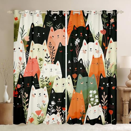 Schöne Katze Blackout Vorhänge, Blume Cartoon Tier Pflanze Jungen Mädchen Zimmer Dekor, Floral Gradient Trendy Fenster Vorhänge, schwarz weiß Orange 2 Panels, S Größe von Manfei