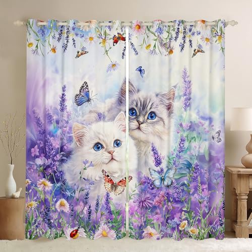 Schöne Katze Fenster Vorhänge, Schmetterling Lavendel Daisy Blumen Kinderzimmer Spielzimmer Dekor, Blume niedliche Tier Träumige Mädchen Jungen Zimmer Dekor, lila weiß 2 Panels, XXL Größe von Manfei