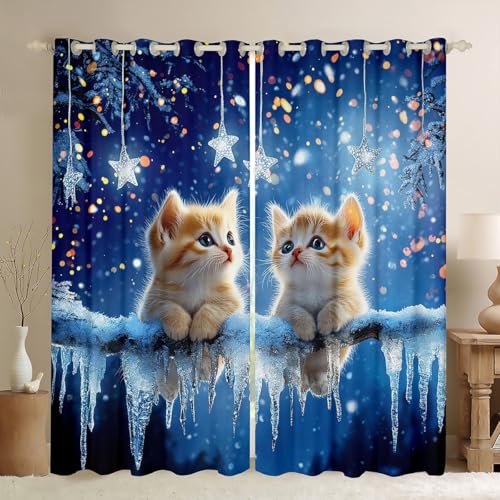 Schöne Katze Fenster Vorhänge, Tier niedlich Haustier Katze Liebhaber Jungen Mädchen Zimmer Dekor, Sternlicht Schnee Nacht Verdunklung Vorhänge, Blau Gelb 2 Panels, XL Größe Schöne Katze Fenster Vorhänge, Tier niedlich Haustier Katze Liebhaber Jungen Mädchen Zimmer Dekor, Sternlicht Schnee Nacht Verdunklung Vorhänge, Blau Gelb 2 Panels, XL Größe von Manfei
