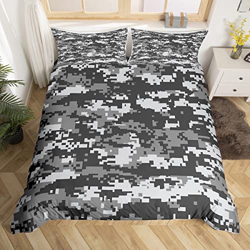 Schwarz Grau Weiß Camouflage Bettbezug Set S Größe Abstrakte geometrische Gitter Camo Bettwäsche Set Kinder Jungen Männer Teens Armee Camo Tröster Abdeckung Moderne Quilt Cover,1 Kissenbezug von Manfei