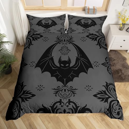 Schwarze Fledermaus Bettbezug Set L Größe,Halloween Tiere Bettwäsche Set,Grau Damast Floral Print Tröster Abdeckung Jungen Mädchen Teens Zimmer Dekor,Gothic Barock Stil Quilt Cover,2 Kissenbezug von Manfei
