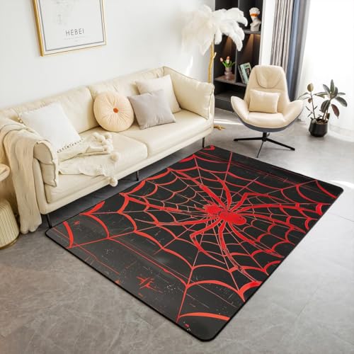 Spinnennetz-Teppich, rote Spinne, Arachniden-Tiere, für den Innenbereich, Eingangsteppich für Kinder, Jungen, Mädchen, Raumdekoration, Gothic-Halloween-Thema, rutschfest, saugfähig, 120 x 90 cm von Manfei
