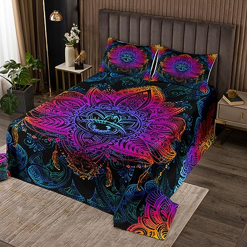 Sun Moon Tagesdecke L Größe Mandala Lotus Blumen Bettwäsche Set Kinder Mädchen Jungen Erwachsenenzimmer Dekor Neon Bunte Paisley Tröster Coverlet Vintage Exotische Tröster Set,2 Kissenbezug von Manfei