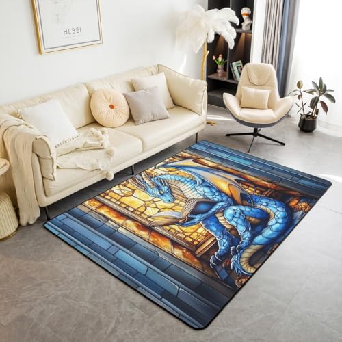 Teppich für Kinder, Motiv: Westerndrache, blauer Drache, Lesebuch, Bücherregal, Innenbereich, Bodenmatte, Eingangsteppich für Jungen und Mädchen, geometrisches Patchwork, abstrakt, rutschfest, Trippy Teppich für Kinder, Motiv: Westerndrache, blauer Drache, Lesebuch, Bücherregal, Innenbereich, Bodenmatte, Eingangsteppich für Jungen und Mädchen, geometrisches Patchwork, abstrakt, rutschfest, Trippy von Manfei