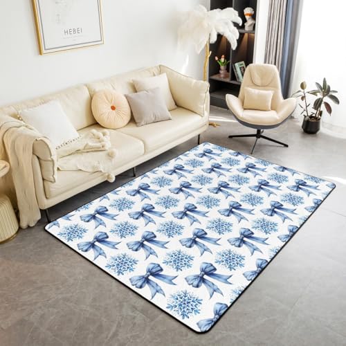 Teppich mit blauer Schleife, 90 x 150 cm, Winter, Schneeflocke, romantisch, Weihnachten, rutschfester Teppich für Kinder und Erwachsene, Prinzessinnen-Stil, Schleife, Patchwork, Weihnachtsgeschenk von Manfei