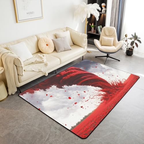 Tornado Kinderteppich, Rosen, Blumen, dunkle Wolken, romantische Bodenmatte, Eingangsteppich, Naturkatastrophe, Landschaft, rutschfester Teppich, rot-graue Stühle, Couch, Wohnzimmerdekoration, 1,5 m x von Manfei