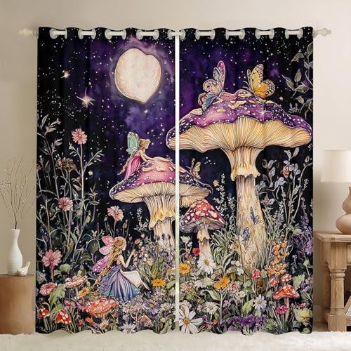 Trippy Pilz Fenster Vorhang, magischer Schmetterling Fee Fenster Behandlung Vorhang, Wilde botanische Schlafzimmer Vorhänge Exotische böhmische Wohnzimmer Top 2 Panels, m von Manfei
