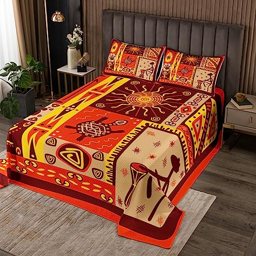 Vintage afrikanische Tagesdecke Set S Größe,ägyptische Tribal Stil Bettwäsche Set Mädchen Kinder Frauen Erwachsenenzimmer Dekor Braun Gold Rot Tröster Set Exotische Böhmen Quilt Set von Manfei