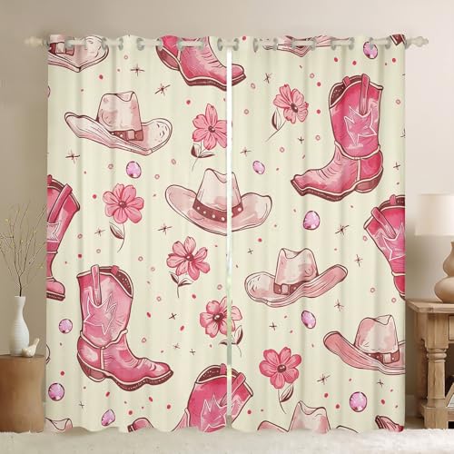 Western Cowgirl Blackout Vorhänge, Cowboy Hüte Stiefel Blumen Fenster Vorhänge, Retro Rustikal Modern Kinderzimmer Spielzimmer Dekor, Beige Pink 2 Panels, XL Größe von Manfei
