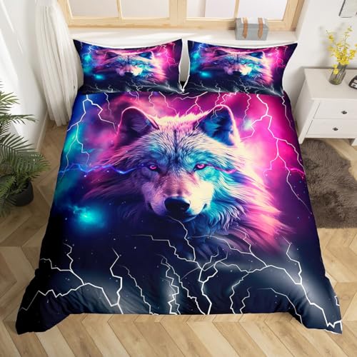 Wild Wolf Bettbezug Set S Größe,Neon Lila Blau Glühende Blitz Druck Bettwäsche Set Coole Mode Stil Tier Tröster Bezug Kinder Jungen Teens Männer Zimmer Dekor,Moderne Quilt Cover,1 Kissenbezug Wild Wolf Bettbezug Set S Größe,Neon Lila Blau Glühende Blitz Druck Bettwäsche Set Coole Mode Stil Tier Tröster Bezug Kinder Jungen Teens Männer Zimmer Dekor,Moderne Quilt Cover,1 Kissenbezug von Manfei