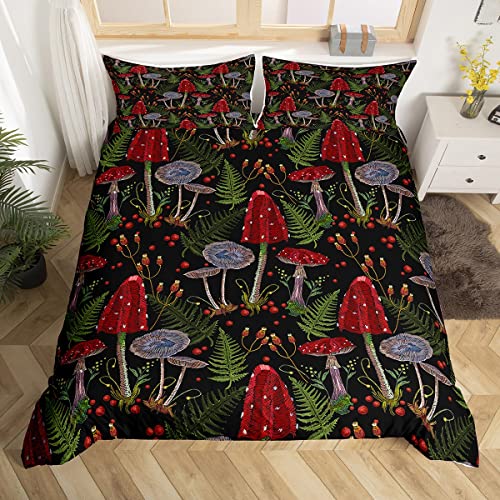 Wilde Pilz Bettbezug S Größe Retro Druck Beeren Früchte Bettwäsche Set Mädchen Frauen Kinder Jungen Zimmer Herbst gefallene Palmen Blätter Tröster Bezug Schwarz Rot Quilt Cover,1 Kissenbezug von Manfei