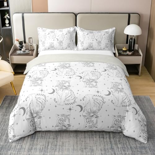 Wilde Tiger Bettwäsche Sets M Größe,Grau Stern Mond 100% Bettbezug aus Baumwolle Kinder Mädchen Jungen Erwachsene,Bowknot Tiere Tröster Abdeckung Moderne weiche Quilt Abdeckung,1 Kissenbezug von Manfei