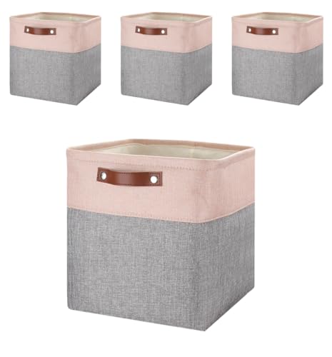 Mangata Aufbewahrungskorb Stoff 30x30x30cm, 4er Set Cube Aufbewahrungsboxen für Schrank, Regal, und Kleidung ▏ Grau&Rosa von Mangata