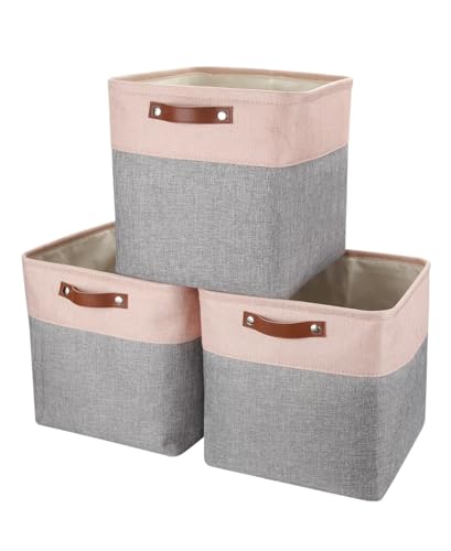 Mangata 25|28|30|33 cm Stoff-Aufbewahrungsboxen, Set mit 3 Aufbewahrungswürfeln (28 x 28 x 28 cm, Grau-Rosa) von Mangata
