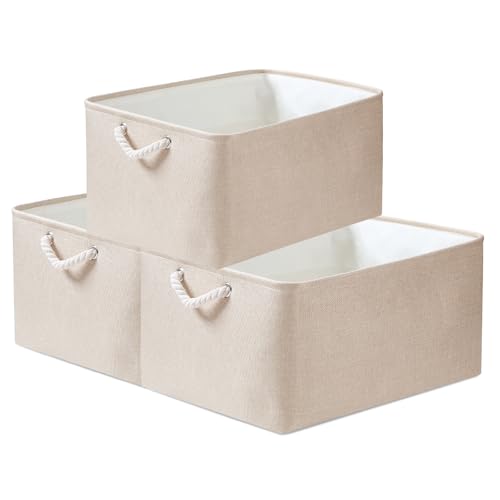 Mangata Stoff Aufbewahrungsboxen, Faltbare Aufbewahrungsbox mit Seilgriffen für Regale, Schrank, Kleiderschrank, 3er-Pack (Elfenbeinfarben, M) von Mangata