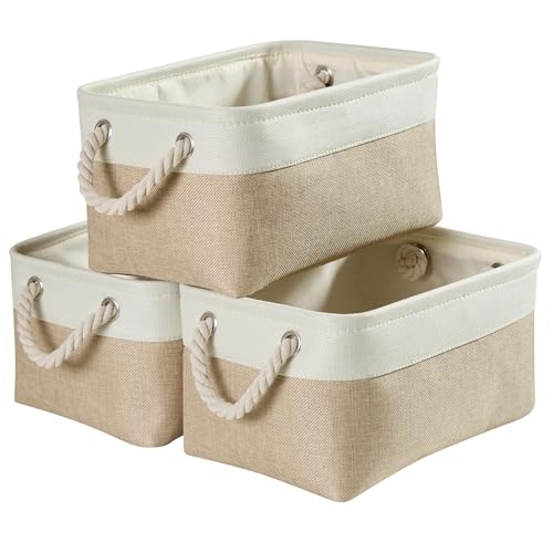 Mangata 3 Stück aufbewahrungskorb Stoff, aufbewahrungsbox Schrank, Korb aufbewahrung Stoff mit Seil für Spielzeug, kleiderschrank, Regale, Kleidung (Faltbare, Mittel, Hell Khaki Weiß) von Mangata