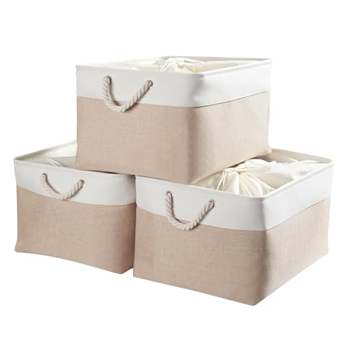 Mangata 3 Stück aufbewahrungskorb Stoff, aufbewahrungsbox groß Schrank, Korb aufbewahrung Stoff mit Seil für Spielzeug, kleiderschrank, Regale, Kleidung (Faltbare,XL, Hell Khaki Weiß) von Mangata