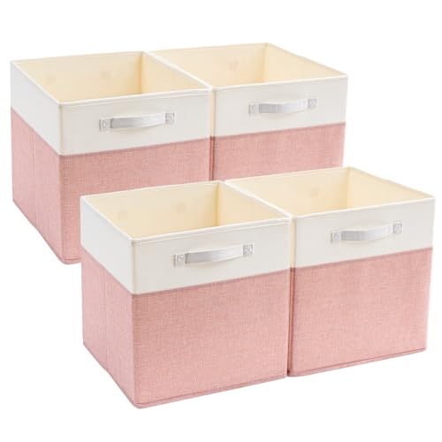 Mangata Aufbewahrungsbox 25x25x25 cm, faltenfrei Stoff Aufbewahrungskörbe für Kleiderkörbe, Körbe, Truhen, Spielzeug (4 er, Rosa / Beige Weiß) von Mangata