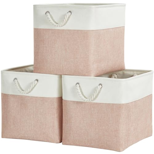 Mangata Aufbewahrungsbox Stoff,(28x28x28cm) Aufbewahrungskorb, Korbe Stoff in Würfel für Schrank, Regal, und Kleidung(Rosa/Weiß, 3er Pack) von Mangata