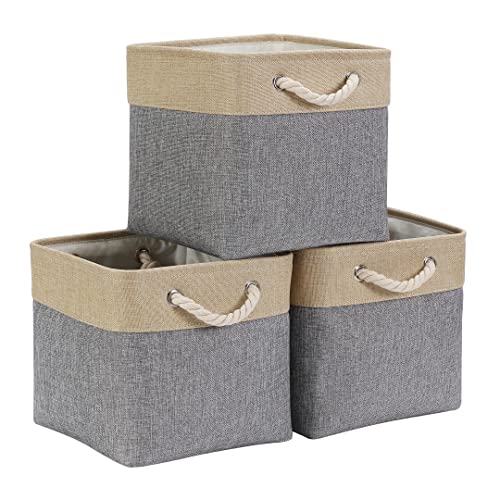 Mangata Aufbewahrungsbox Stoff, aufbewahrungskorb Grau Beige, Korbe Stoff in Würfel (33x33x33 cm) für Schrank, Regal, und Kleidung, (Faltbare, 3er Pack) von Mangata