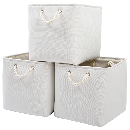 Mangata Aufbewahrungsbox Stoff,33 x 38 x 33 cm Großer Aufbewahrungskorb, Korb Aufbewahrung für Schrank, Regal,Kleidung(Weiß, 3 Pack) von Mangata