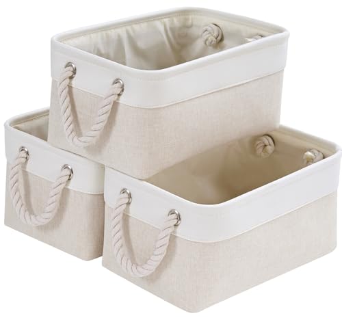 Mangata Aufbewahrungsbox Stoff,Mittel Waschbare Aufbewahrungskorb, Korbe in Würfel für Schrank Regal und Kleidung(Hellbeige/Weiß,M,3er Set) von Mangata