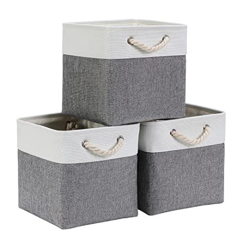Mangata Aufbewahrungsbox 25x25x25 cm, Aufbewahrungskorb mit Griff, Aufbewahrung Korb Stoff für Regal, Schrank, und Kleidung (Faltbare, Grau weiß, 3er Set) von Mangata