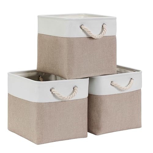 Mangata Aufbewahrungsbox 28x28x28 cm, Aufbewahrungskorb mit Griff, Aufbewahrung Korb Stoff für Regal, Schrank, und Kleidung (Faltbare, Helles Khaki Weiß, 3er Set) von Mangata