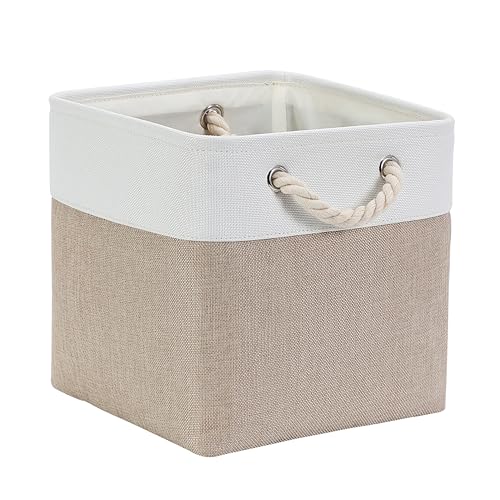 Mangata Aufbewahrungsbox Stoff 33x33x33 cm, aufbewahrungskorb Helles Khaki Weiß, Korbe Stoff in Würfel für Schrank, Regal, und Kleidung, (Faltbare, 1er Pack) von Mangata
