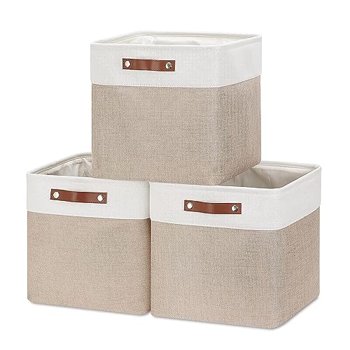 Mangata Aufbewahrungsboxen aus Stoff, 33 x 38 x 33 – 3 Stück, Light Khaki und Weiß von Mangata