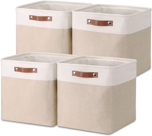 Mangata Aufbewahrungsboxen aus Stoff, Würfelform, 33 x 38 x 33 – 4 Stück, Light Khaki und Weiß von Mangata