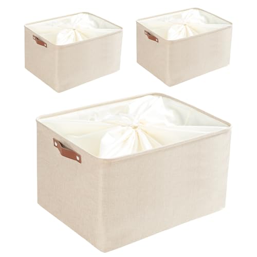 Mangata Aufbewahrungsboxen mit Kordelzug,[3 Pack] Segeltuchstoff, verdickter Aufbewahrungskorb für Kissen, Steppdecke, Regal (XL, Helles Khaki) von Mangata