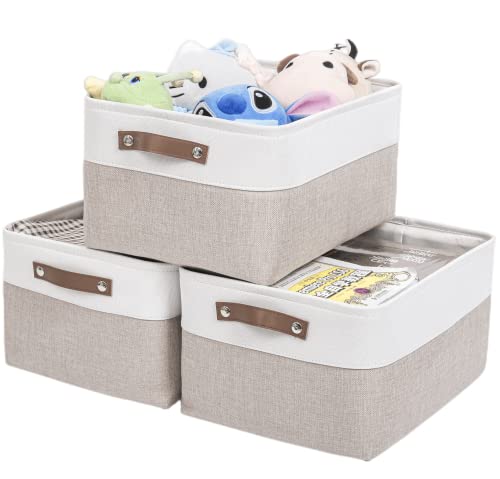 Mangata Aufbewahrungskorb, 3er Set Große Aufbewahrungsbox Stoff Box für Schrank, Decke und Kleidung(Helles Khaki/weiß, Large) von Mangata