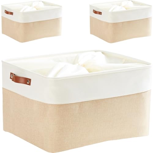 Mangata Aufbewahrungskorb, 3er Set Große Aufbewahrungsbox Stoff Box für Schrank, Decke und Kleidung(Helles Khaki/Weiß, XLarge) von Mangata