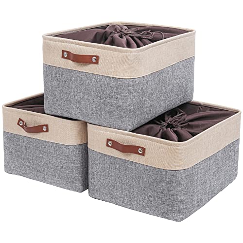 Mangata Aufbewahrungskorb Stoff,[3er Pack]Aufbewahrungsbox, Box für Schrank, Decke und Kleidung(XXLarge, Grau/beige) von Mangata