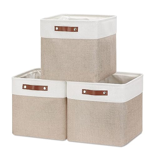 Mangata Collapsible Storage Cube Boxen, 28CM Cube Leinen gewebt Stoff Lagerung Körbe mit Ledergriffen 3PCS(Light Khaki und Weiß) von Mangata