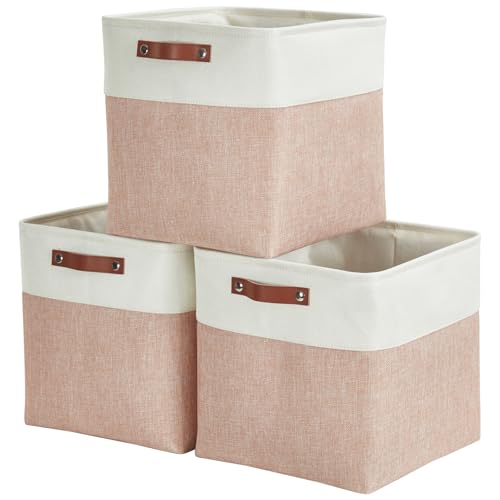 Mangata Collapsible Storage Cube Boxen, 28CM Cube Leinen gewebt Stoff Lagerung Körbe mit Ledergriffen 3PCS(Pink und Weiß) von Mangata