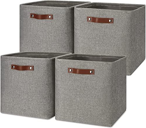 Mangata Collapsible Storage Cube Boxen, 28CM Cube Leinen gewebtes Gewebe Lagerung Körbe mit Leder Griffe 4PCS(Grau) von Mangata