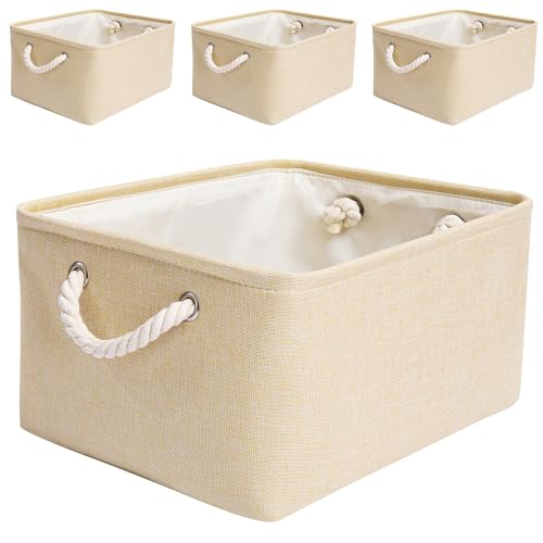 Mangata Faltbare Aufbewahrungsbox, Verdickter Stoff-Aufbewahrungskorb mit Griffen für Regale Spielzeug (L - 4 Pack, Beige) von Mangata