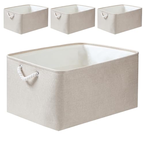 Mangata Stoff Aufbewahrungsboxen, Faltbare Aufbewahrungsbox mit Seilgriffen für Regale, Schrank, Kleiderschrank, 4er-Pack (Helles Khaki, L) von Mangata