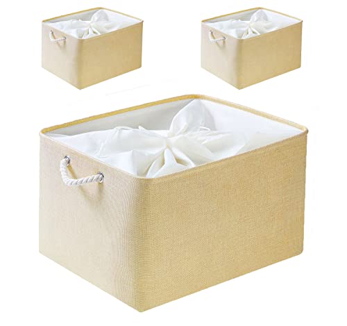 Mangata Faltbare Aufbewahrungsboxen, Extra große Stoffaufbewahrungskörbe mit Kordelzugverschluss, 3er-Pack (Beige, Extra groß) von Mangata