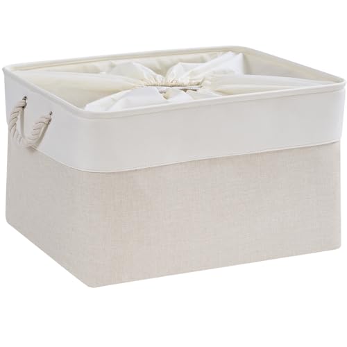 Mangata Stoff Aufbewahrungsbox,Waschbare Aufbewahrungskörbe mit Kordelzug für Spielzeug Kleidung Zuhause Regale(Hellbeige/Weiß, Extra groß, 1 Set) von Mangata