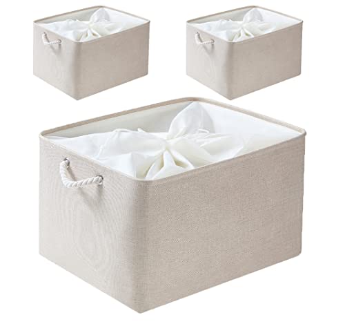 Mangata Stoff Aufbewahrungsboxen, Faltbare Aufbewahrungsbox mit Seilgriffen für Regale, Schrank, Kleiderschrank, 3er-Pack (Elfenbeinfarben, XL) von Mangata