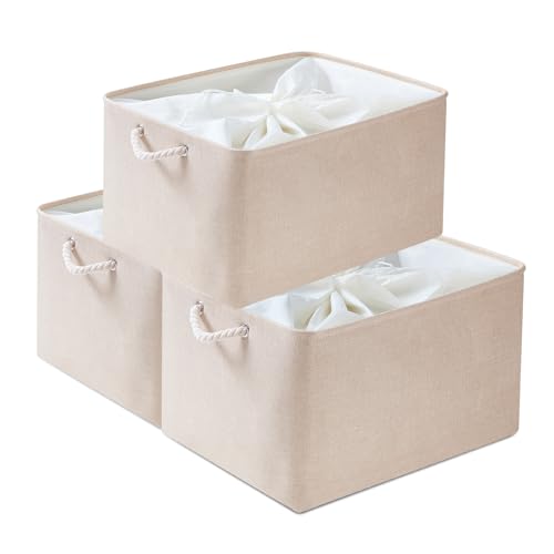 Mangata Stoff Aufbewahrungsboxen, Faltbare Aufbewahrungsbox mit Seilgriffen für Regale, Schrank, Kleiderschrank, 3er-Pack (Elfenbeinfarben, XL) von Mangata
