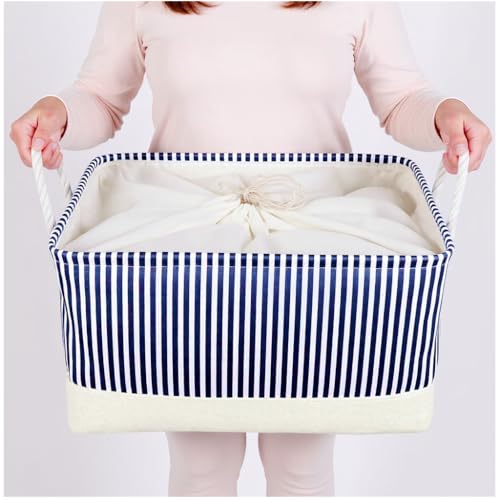 Mangata Waschbare zusammenklappbare Aufbewahrungsbox aus verdicktem Canvas-Stoff mit Griffen (Blaue Streifen, Jumbo) von Mangata