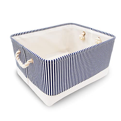 Mangata Zusammenklappbare, verdickte Aufbewahrungsbox aus Leinen mit Seilgriffen (Blaue Streifen, Medium) von Mangata