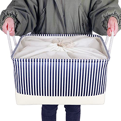 Mangata Zusammenklappbare, verdickte Aufbewahrungsbox aus Leinen mit Seilgriffen (Blaue Streifen, Extra groß) von Mangata