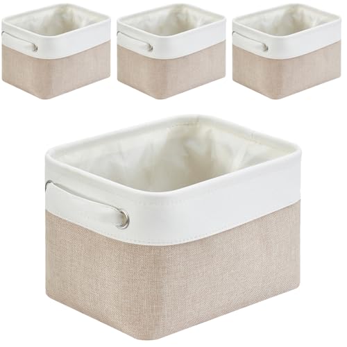 Mangata aufbewahrungsbox Stoff 4Pcs, aufbewahrungsbox, Korb aufbewahrung Stoff mit Griffen für Schrank, Spielzeug, kleiderschrank, Regale, Kleidung (Helles Khaki weiß, klein) von Mangata
