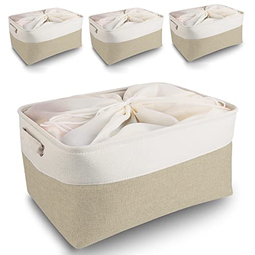 Mangata aufbewahrungsbox Stoff 4Pcs, aufbewahrungsbox grau groß, Korb aufbewahrung Stoff mit Griffen für Schrank, Spielzeug, kleiderschrank, Regale, Kleidung (Helles Khaki Weiß, groß) von Mangata